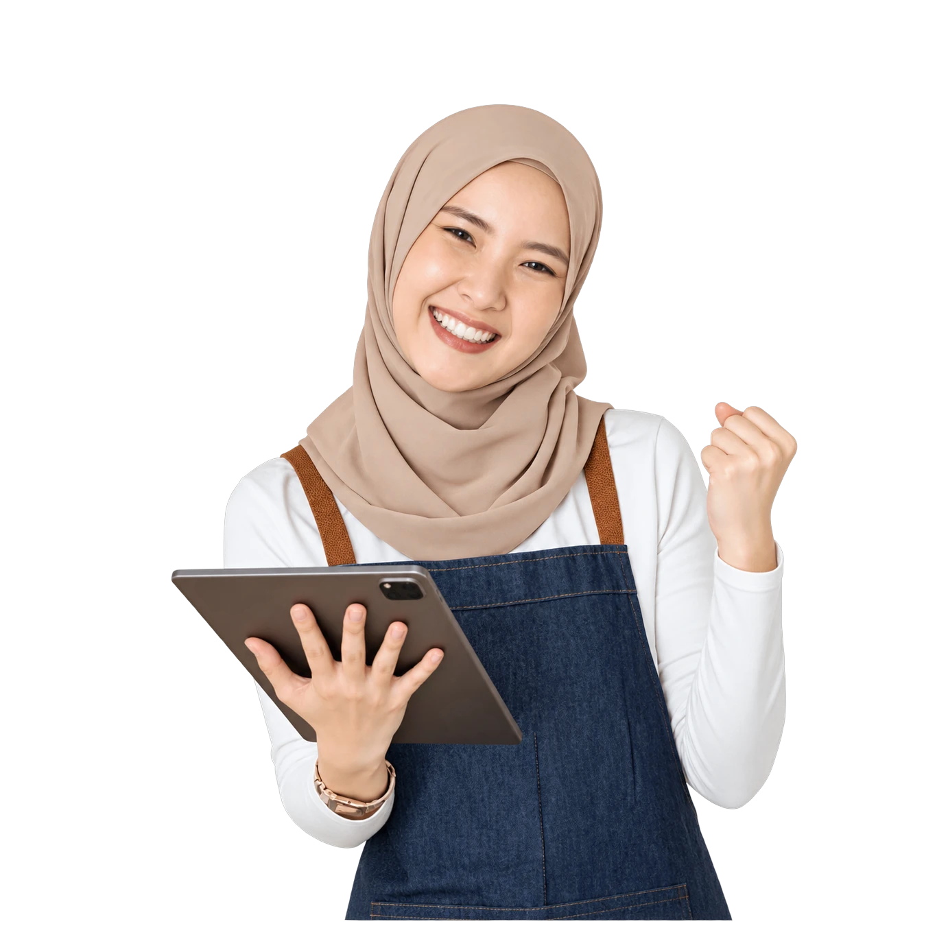 Pembaca Rene Turos Group tersenyum memegang tablet